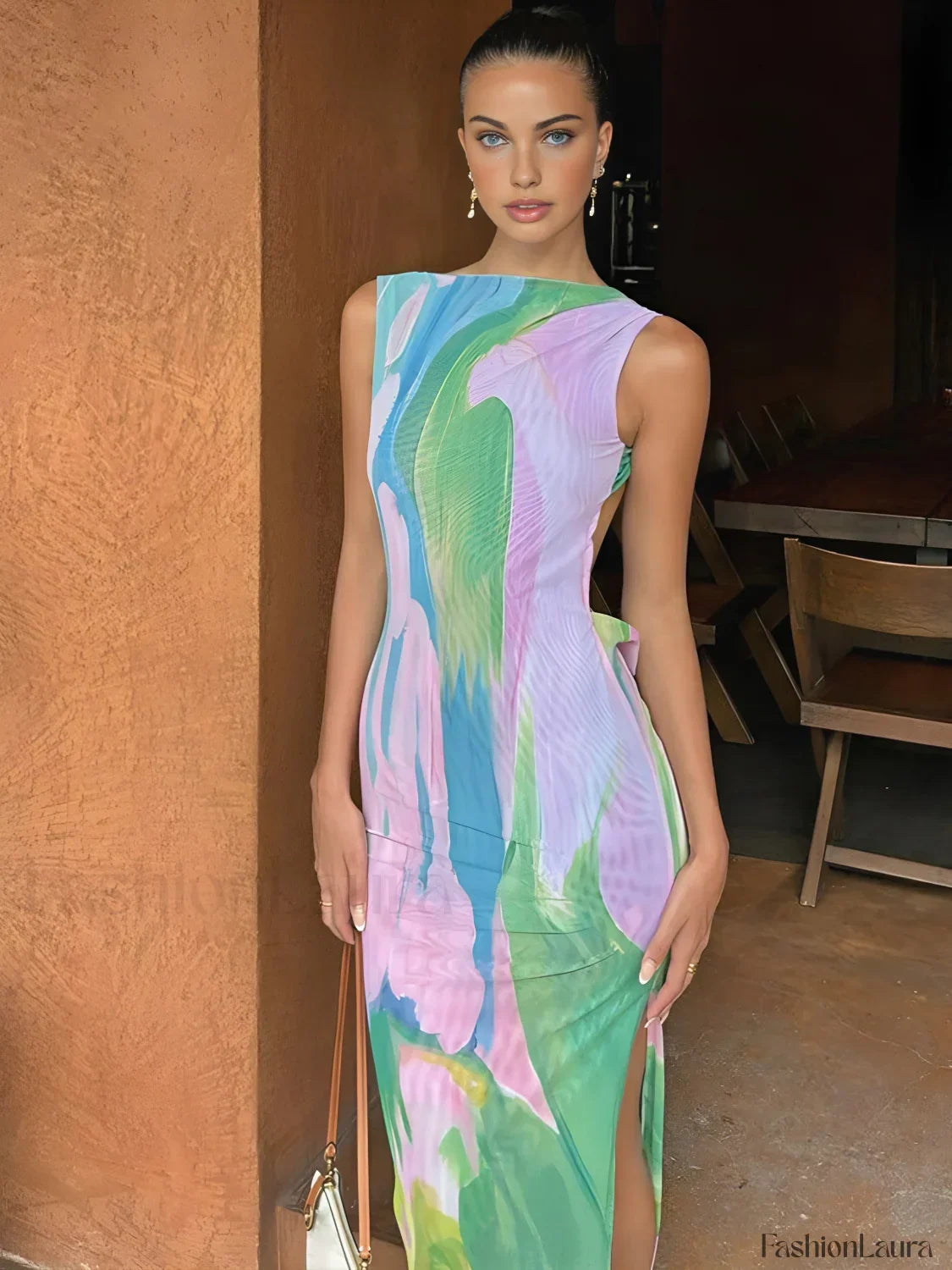 Multicolor Monet Garden Print Sleeveless Long Dress