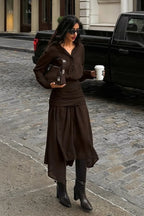 Moody Brown Chiffon Long Sleeve Asymmetrical Two Piece Set