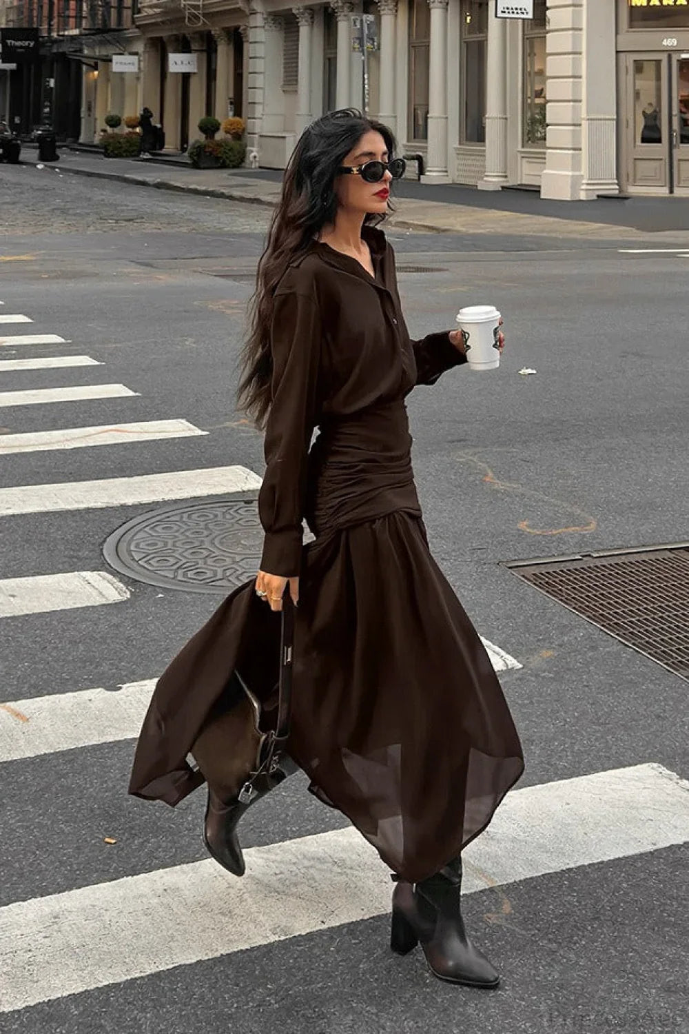 Moody Brown Chiffon Long Sleeve Asymmetrical Two Piece Set