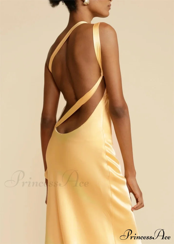 Moonlit Satin Asymmetrical Backless Maxi Dress