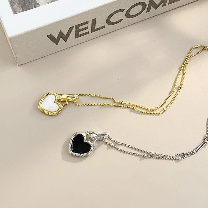 Black Onyx Heart Pendant with Mother of Pearl Satellite Chain Choker Necklace
