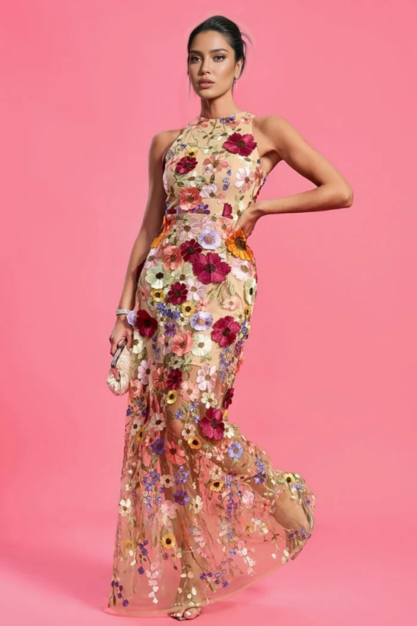 Hella Sleeveless Embroidery Flowers Maxi Dress