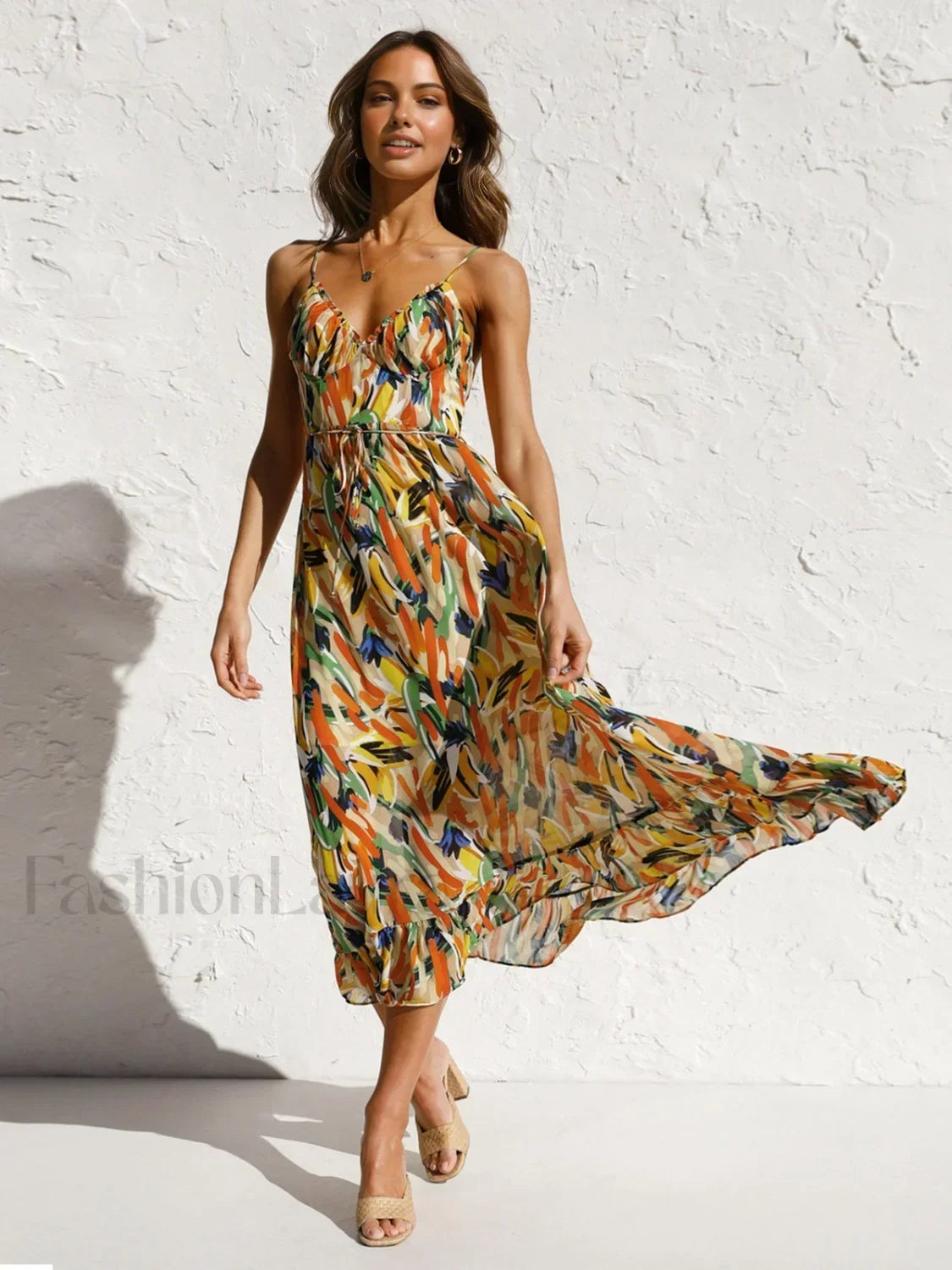 Orange Multi Color Print Cami Midi Dress