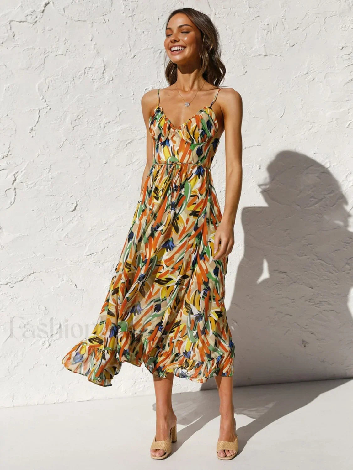 Orange Multi Color Print Cami Midi Dress