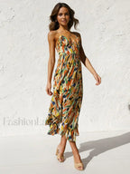 Orange Multi Color Print Cami Midi Dress