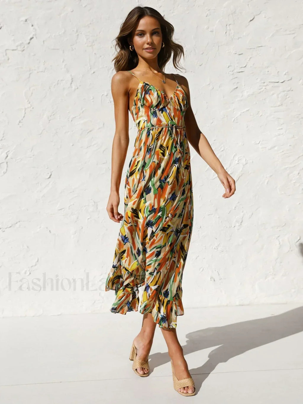 Orange Multi Color Print Cami Midi Dress