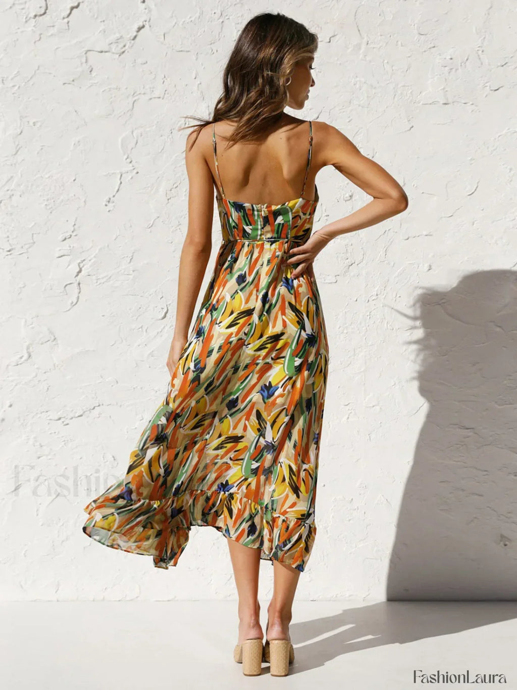 Orange Multi Color Print Cami Midi Dress