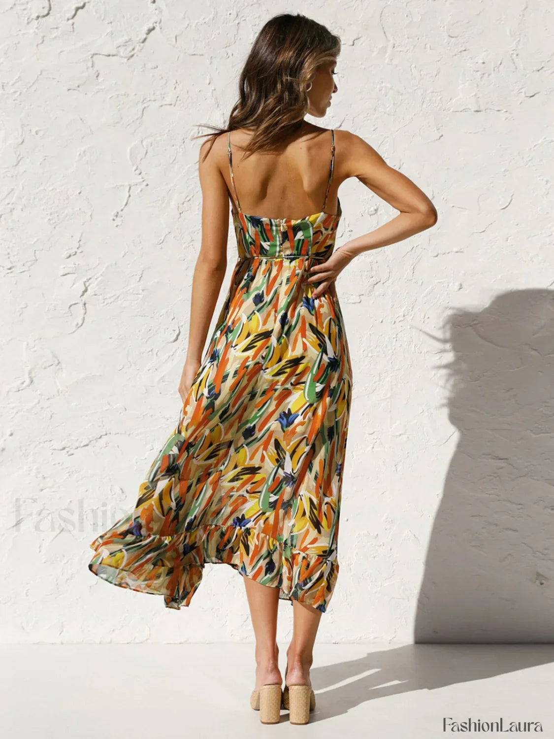 Orange Multi Color Print Cami Midi Dress