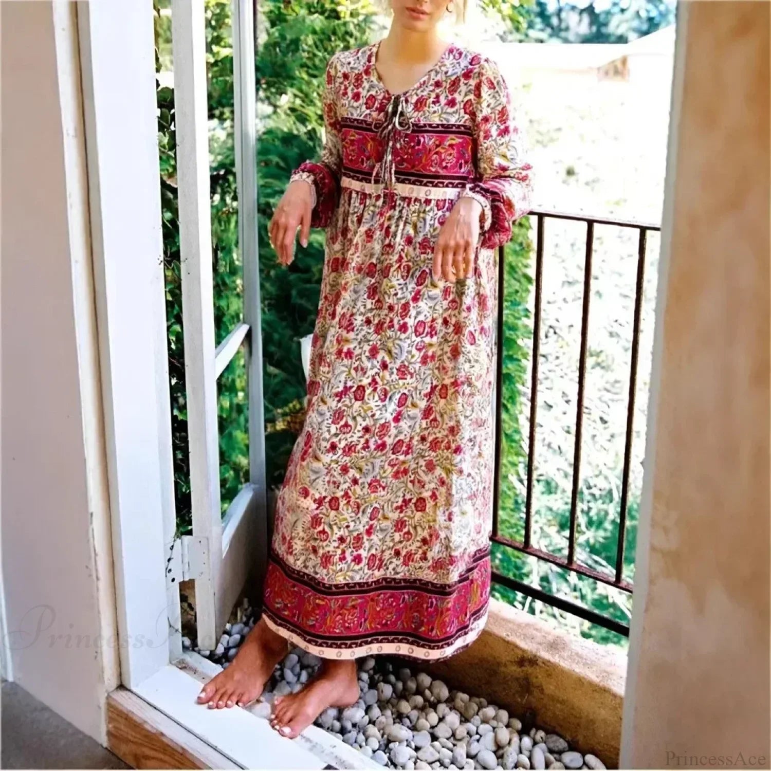 Multi Floral Print Tie Neck Tassel Vintage Bohemian Maxi Dress