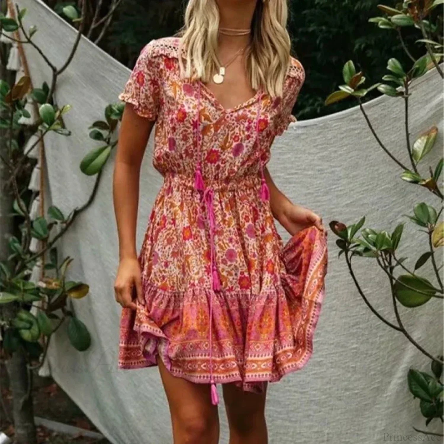 Multi Floral Print V-neck Half Sleeve Loose Mini Boho Dress