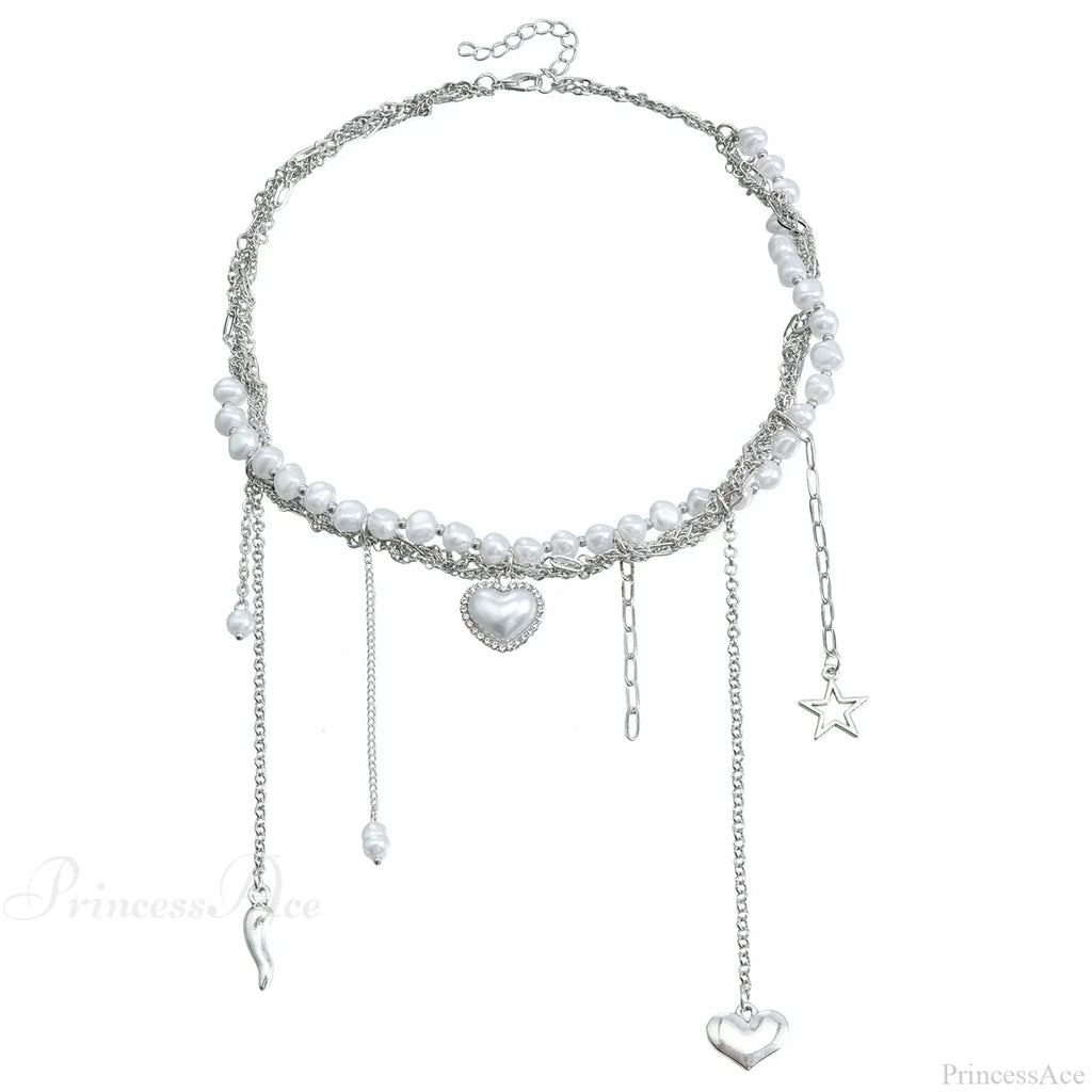 Multi-layer Heart Tassel Pearl Star Pendant Necklace