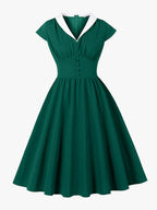 V Neck Contrast Lapel Ruched Retro A-line Swing Dress For Women 2026