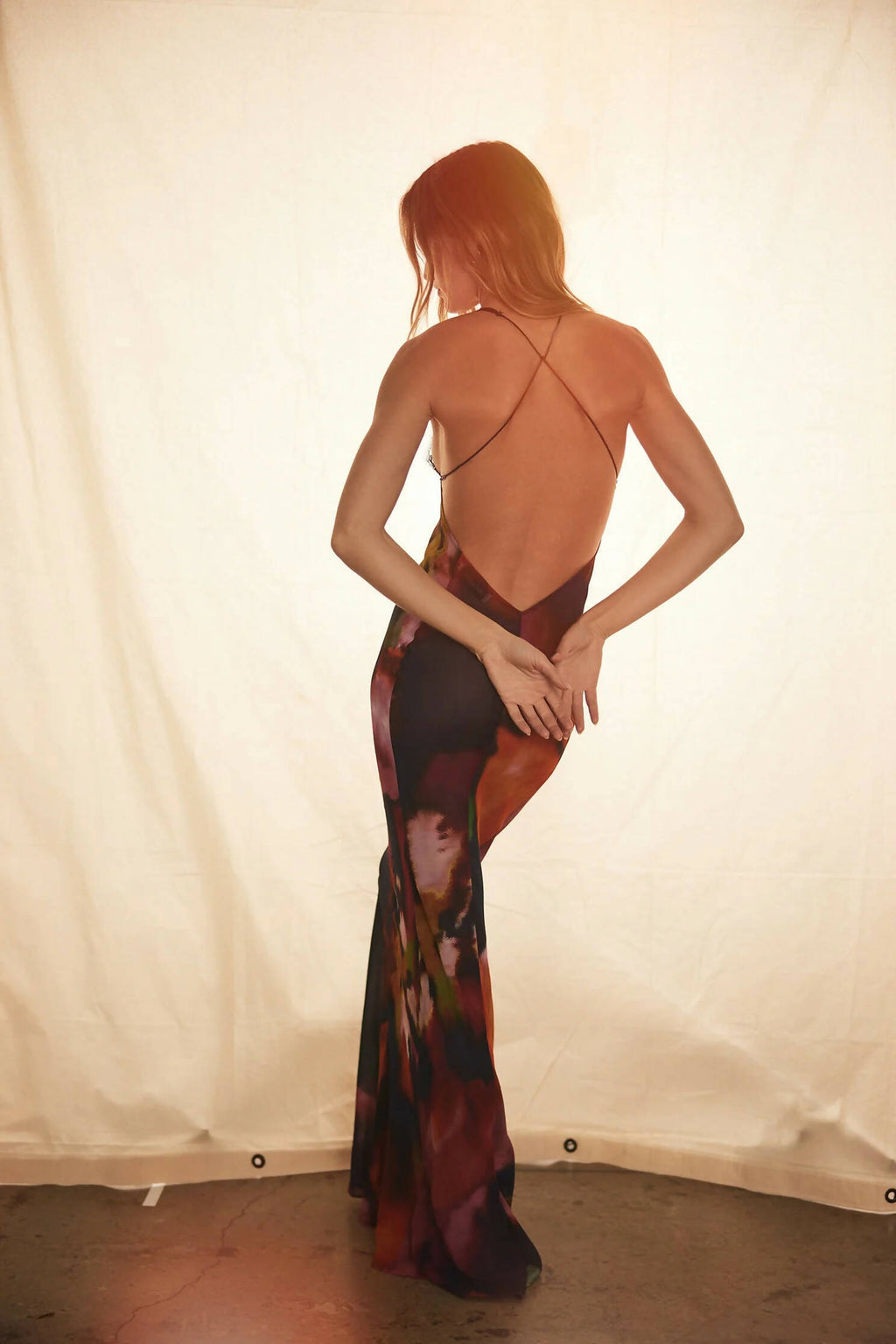 Lace Trim Abstract Print Spaghetti Strap V-Neck Slip Maxi Dress