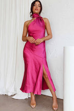 Xandra Statement Cowl Satin Halterneck Midi Dress Designer Edit