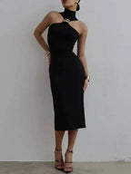 Nadia Asymmetric Halter Midi Dress