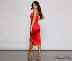 Nadine Formal Ruched Charming Satin Midi Dress