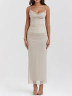 Lace Trim Scoop Neck Corset Shirred Mesh Bodycon Maxi Dress