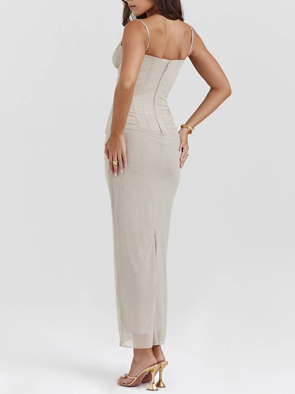 Lace Trim Scoop Neck Corset Shirred Mesh Bodycon Maxi Dress