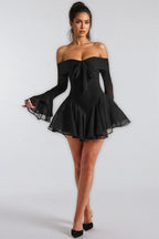 Lild Black One-Shoulder Bell Sleeve Mini Dress