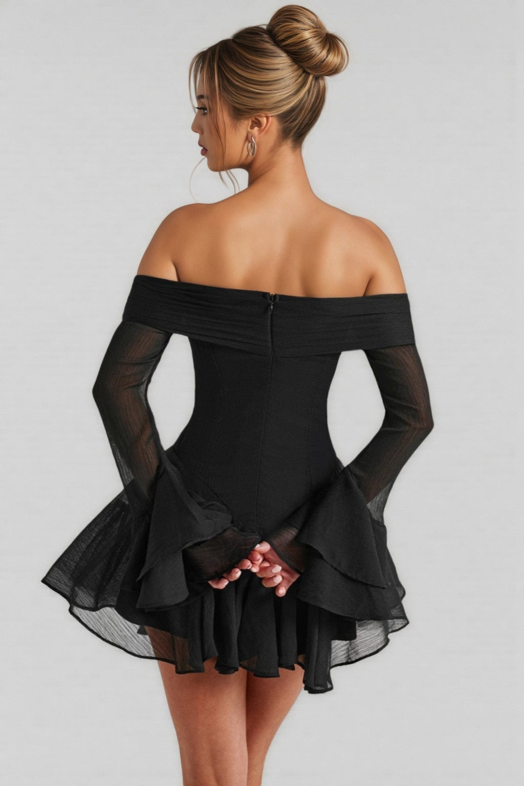 Lild Black One-Shoulder Bell Sleeve Mini Dress