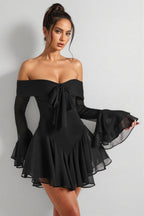 Lild Black One-Shoulder Bell Sleeve Mini Dress