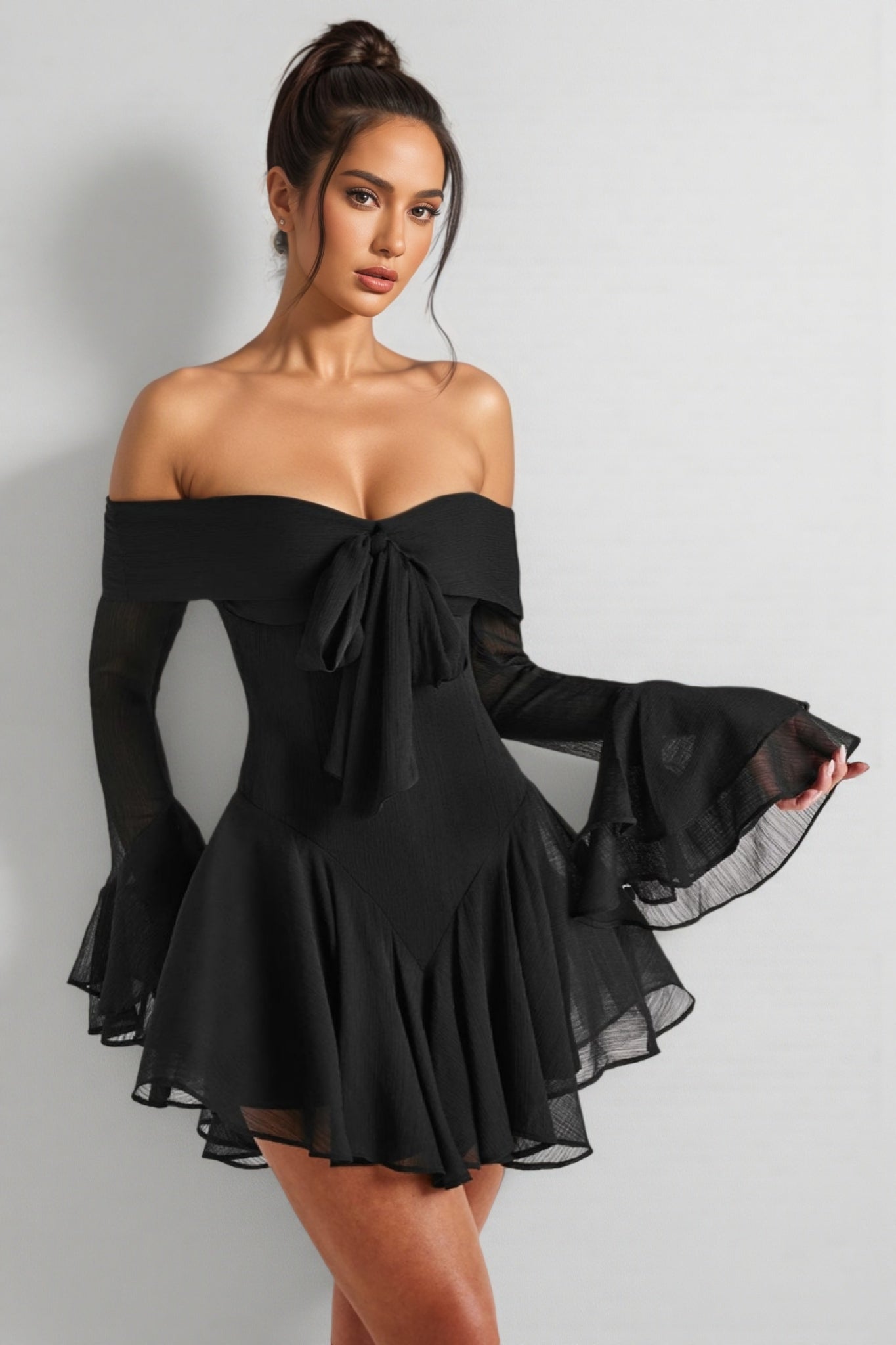 Lild Black One-Shoulder Bell Sleeve Mini Dress