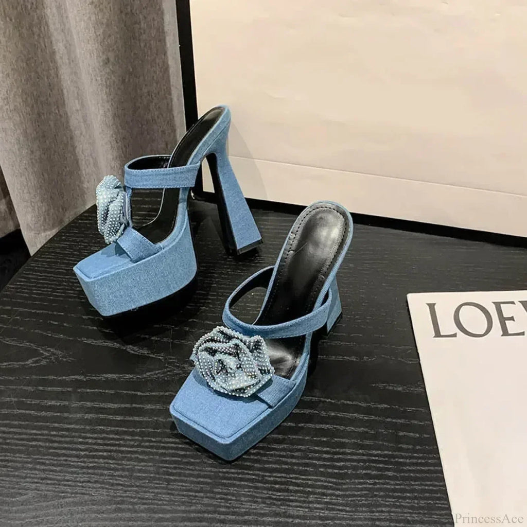 New Denim Blue Rhinestone Rose Flower Chic Peep Toe Square High Heels Gladiator High Heel