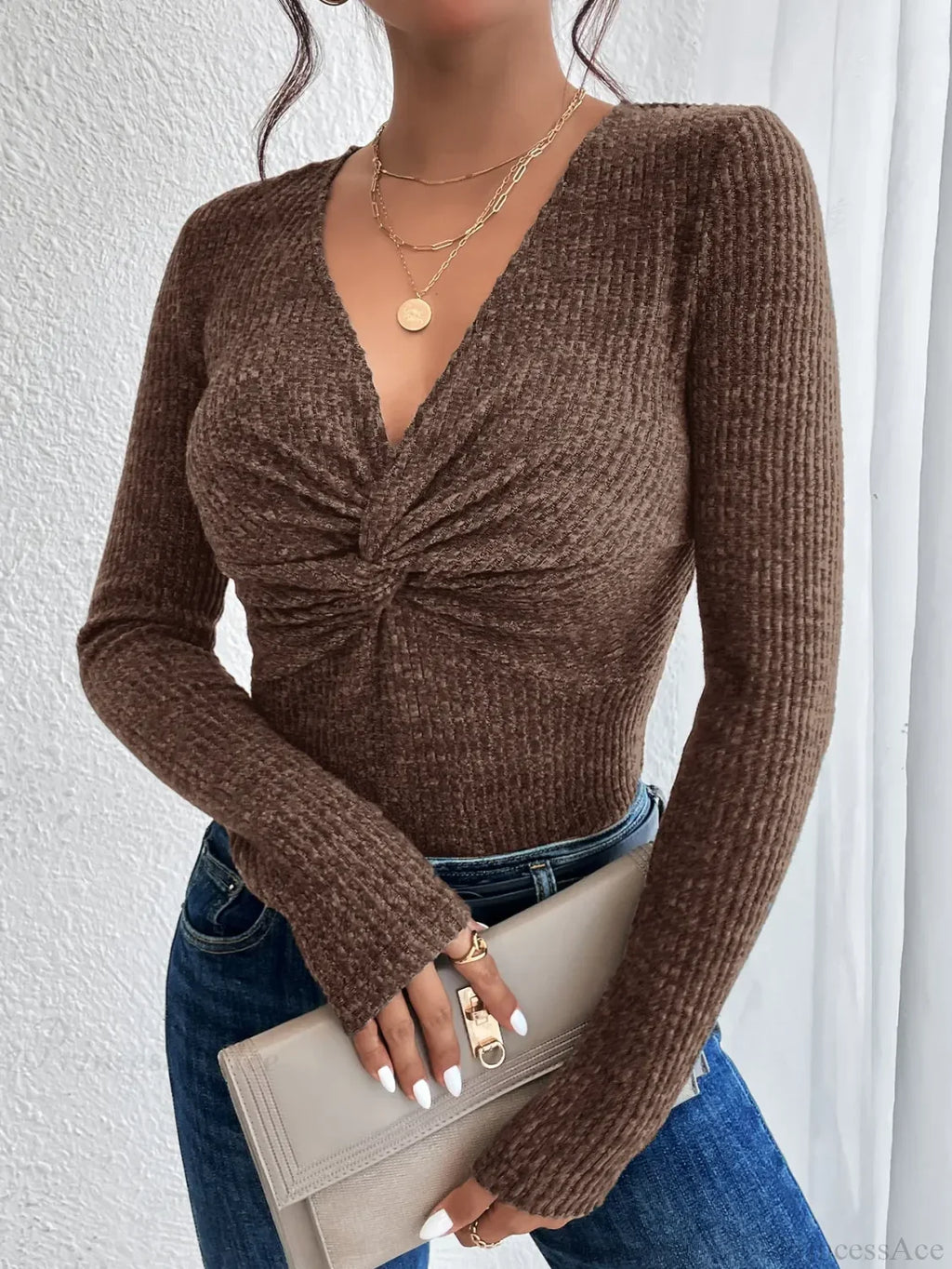 New Design Kink Deep V-Neck Solid Color Slim Sweater Top Women