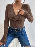 New Design Kink Deep V-Neck Solid Color Slim Sweater Top Women