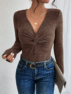New Design Kink Deep V-Neck Solid Color Slim Sweater Top Women