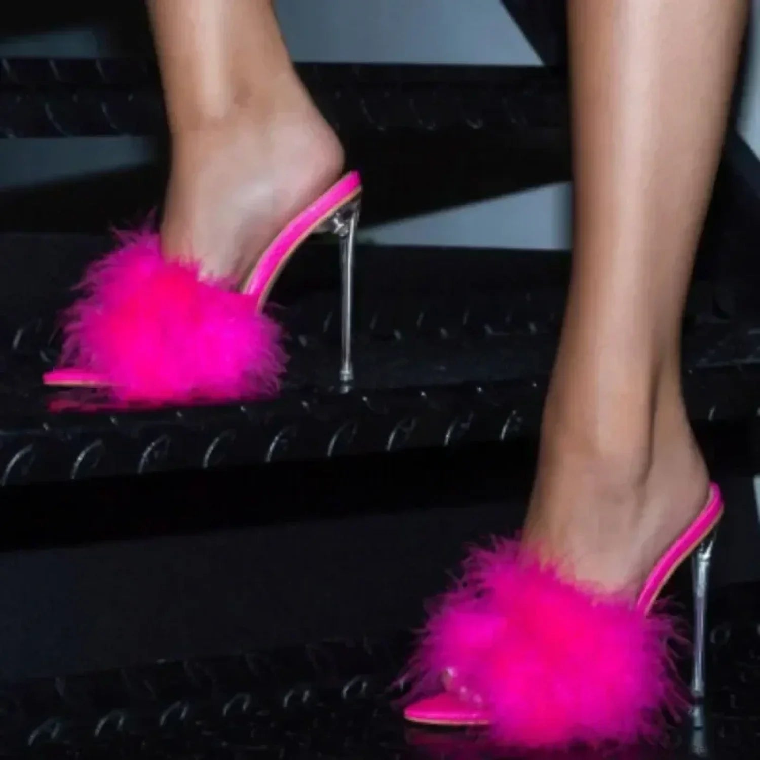 New Design Rhinestone Women Pumps Slippers Sexy Pointed Toe Baotou Transparent Pvc Thin High Heel