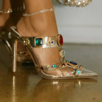New Design Rhinestone Women Pumps Slippers Sexy Pointed Toe Baotou Transparent Pvc Thin High Heel