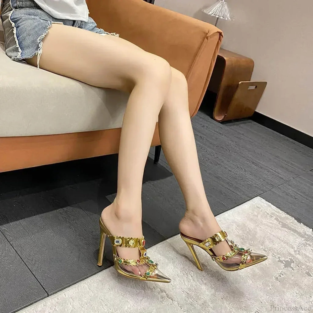 New Design Rhinestone Women Pumps Slippers Sexy Pointed Toe Baotou Transparent Pvc Thin High Heel