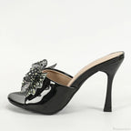 New Patent Leather Peep Toe Crystal Mesh Bowknot High Heel