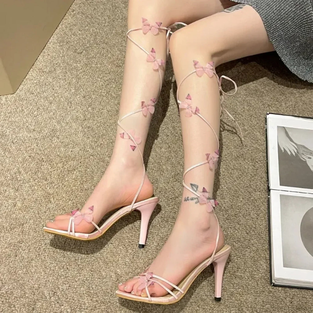 New Pink Butterfly Design Elegant Strappy Open Toe Party High Heel