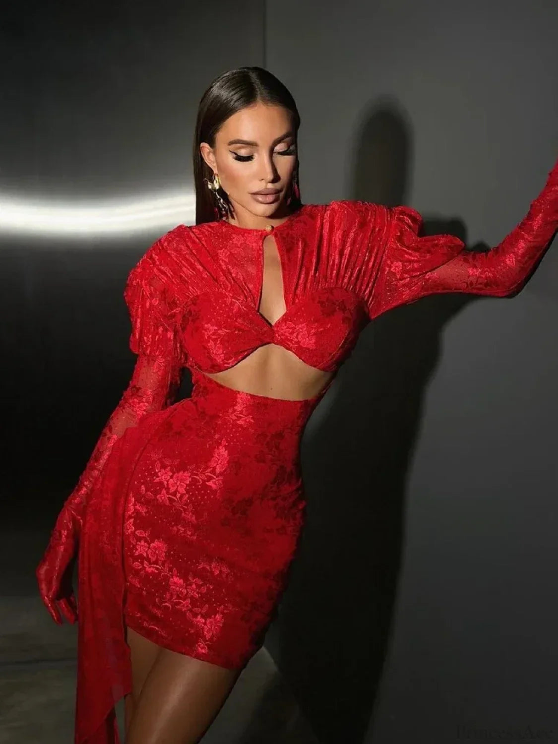New Sexy Gloves Long Sleeves Cutout Pleated Draped Mini Christmas Party Dress