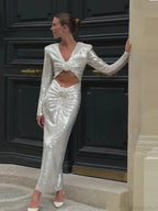 New Sexy Long Sleeves Luxury Sequins Slim Dress Hollow Flower Christmas Party Dress