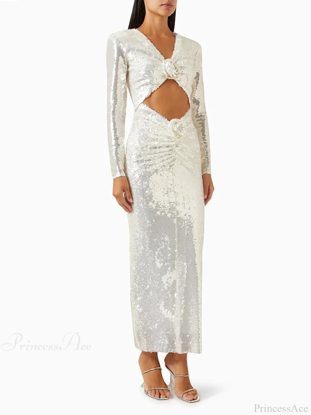 New Sexy Long Sleeves Luxury Sequins Slim Dress Hollow Flower Christmas Party Dress