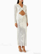 New Sexy Long Sleeves Luxury Sequins Slim Dress Hollow Flower Christmas Party Dress