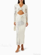 New Sexy Long Sleeves Luxury Sequins Slim Dress Hollow Flower Christmas Party Dress