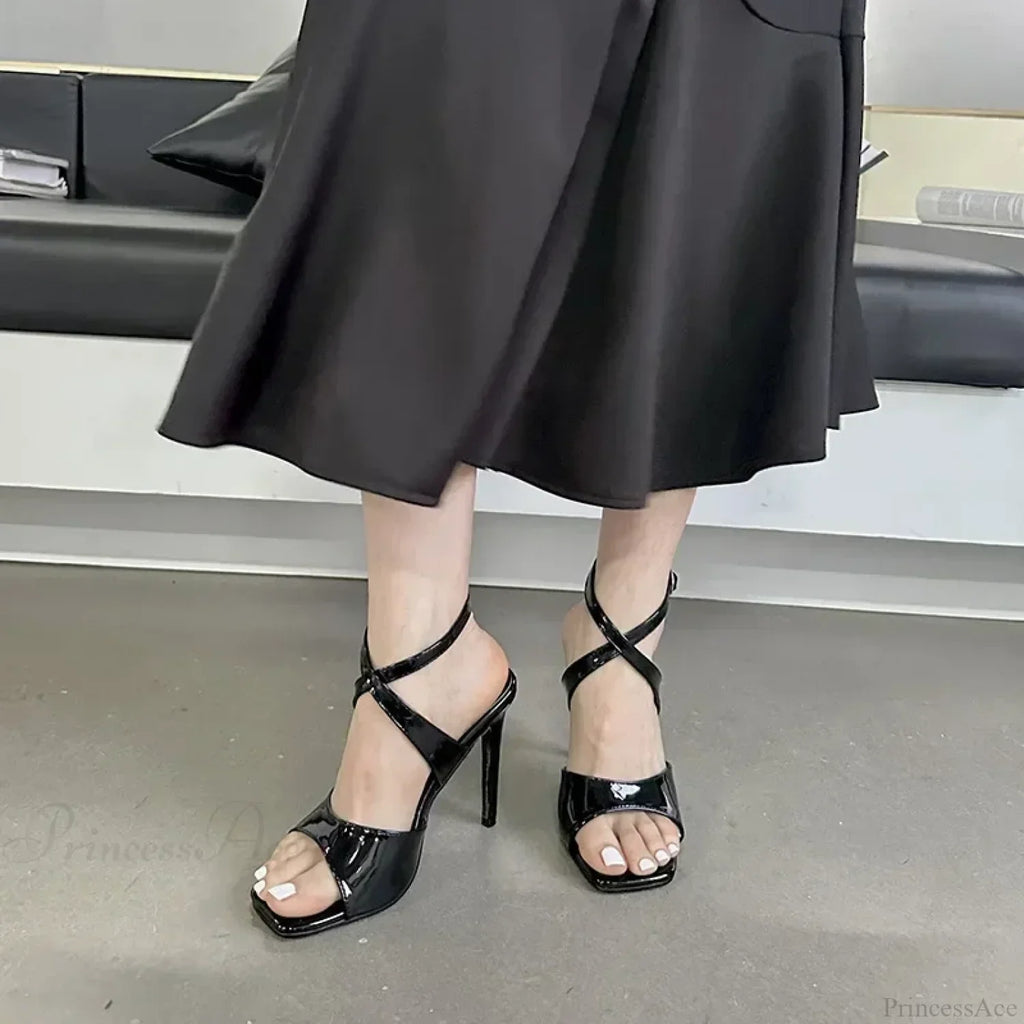 New Shiny Leather 10CM Thin High Heels Sandals Peep ToeBuckle Strap Party Stripper High Heel