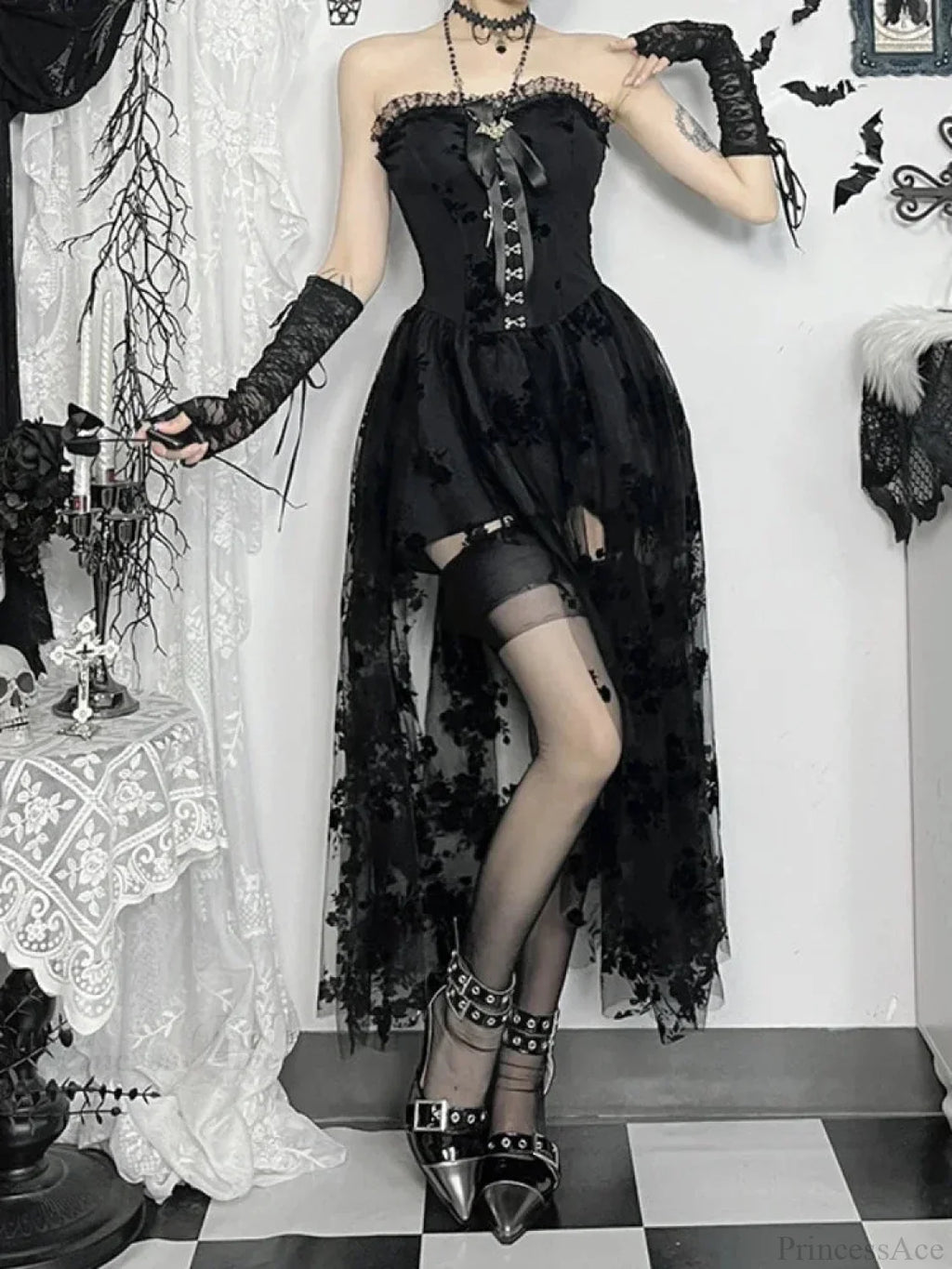 Obscure Blooms Net Bodice Midi Dress