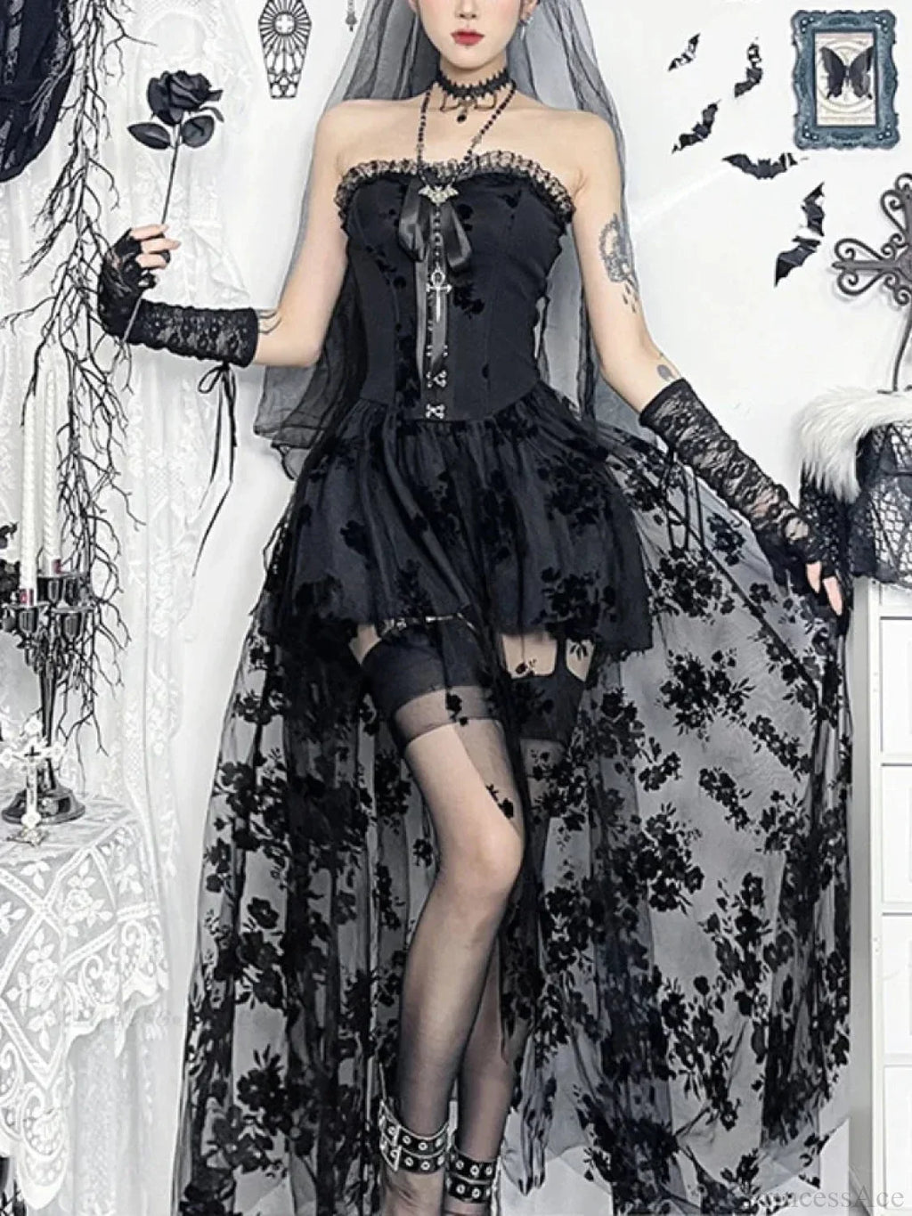 Obscure Blooms Net Bodice Midi Dress
