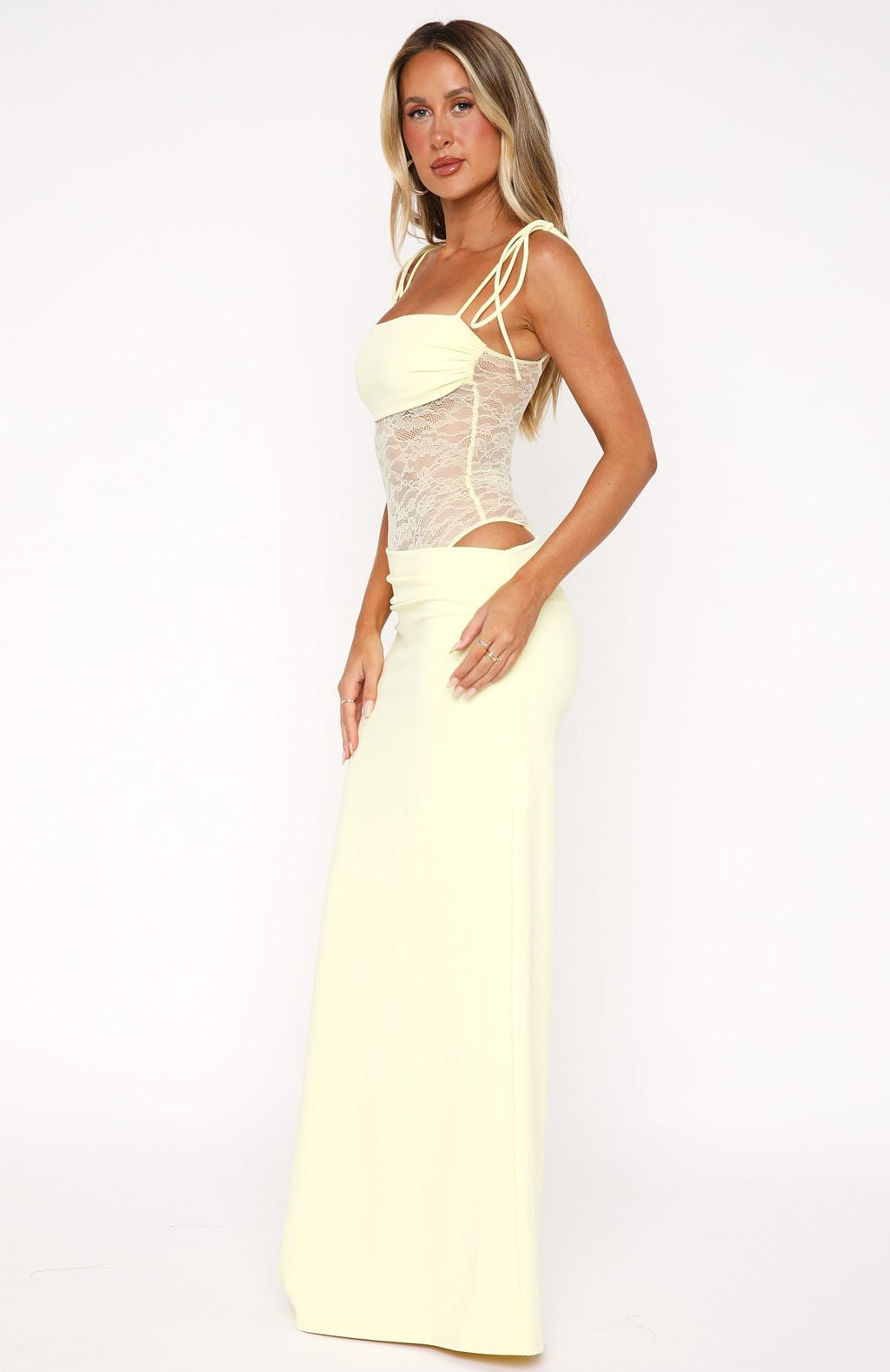 Tie Shoulder Strap Floral Lace Sheer Waist Bandeau Maxi Gown