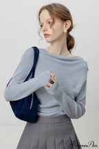 Off-Shoulder Draped Collar Waist-Cinched Knit Top