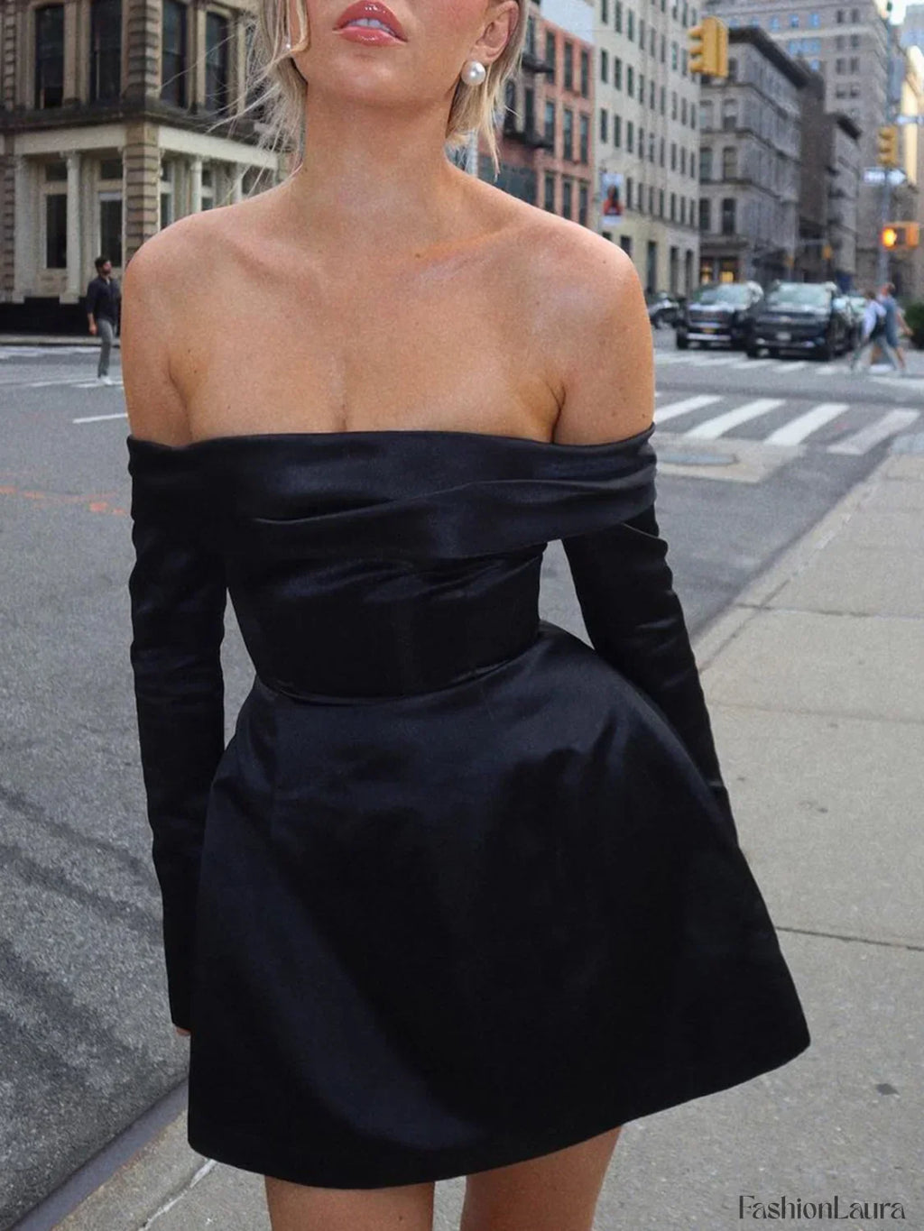 Black Off Shoulder Long Sleeve Overfold Mini Dress
