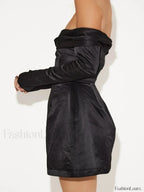 Black Off Shoulder Long Sleeve Overfold Mini Dress