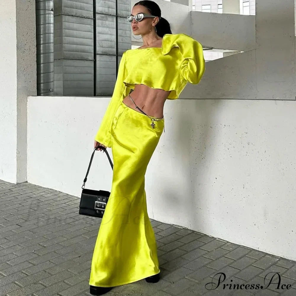 Off Shoulder Long Sleeve Top and Skirt 2 Piece Set Asymmetric Silky Co-Ords Matching Sets Midi Dress