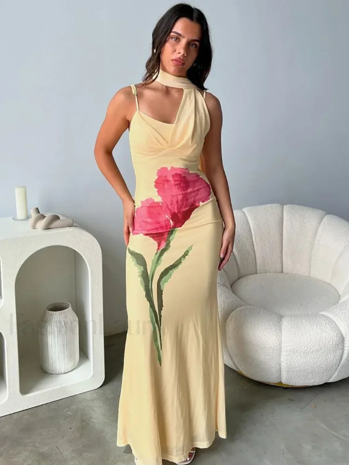 Yellow Off Shoulder Print Maxi Dress