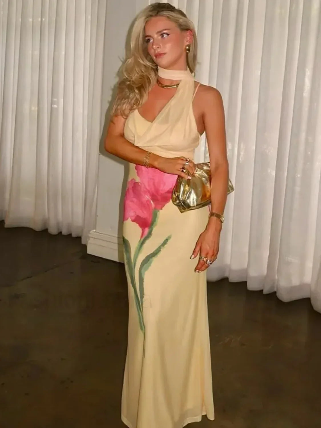 Yellow Off Shoulder Print Maxi Dress